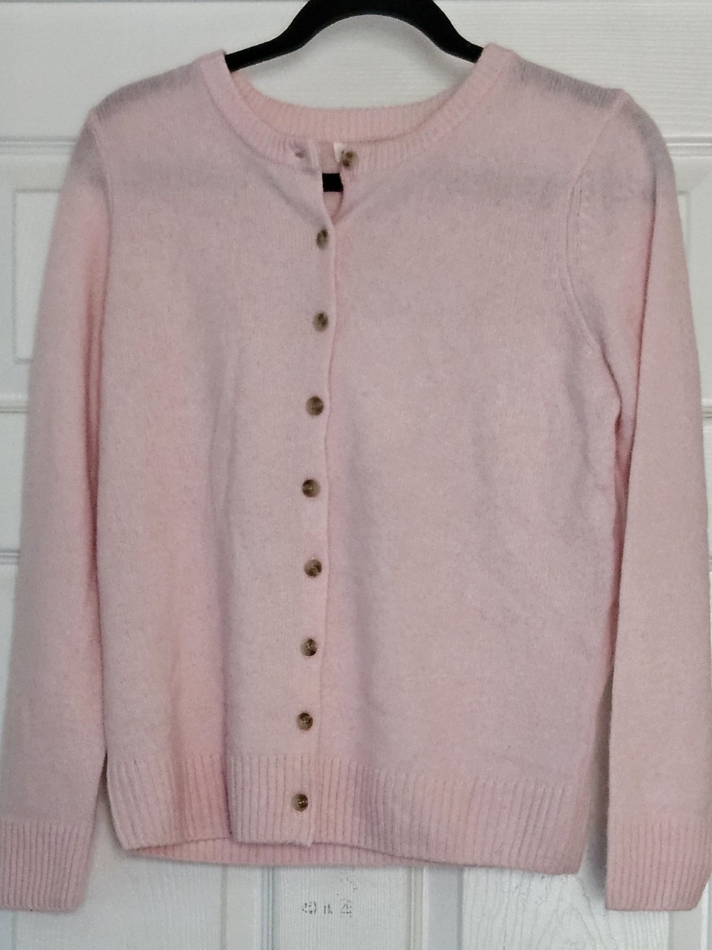 Soft Pink Crewneck Merino Wool & Cashmere Button-Front Cardigan Cozy Preppy